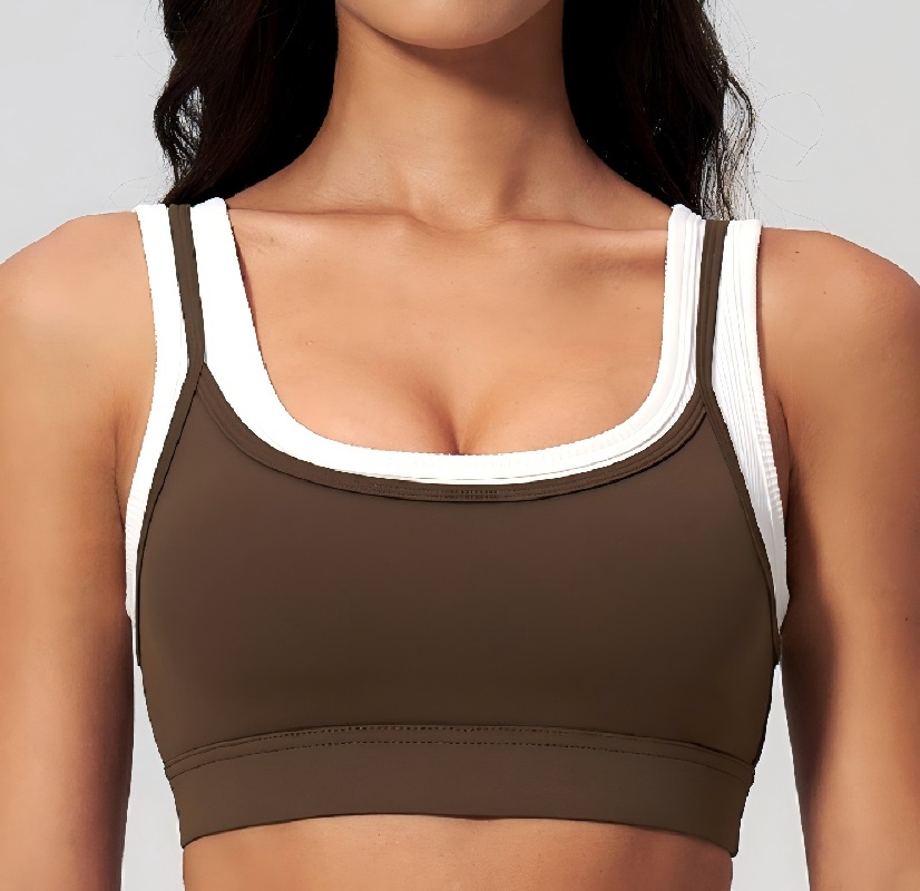 Ribbed Colour-Block Yoga Bra – Naked-Feel Padded Sports Bra with Removable Cups, 78% Nylon 22% Spandex, Wide-Band Support for Yoga, Running & Gym