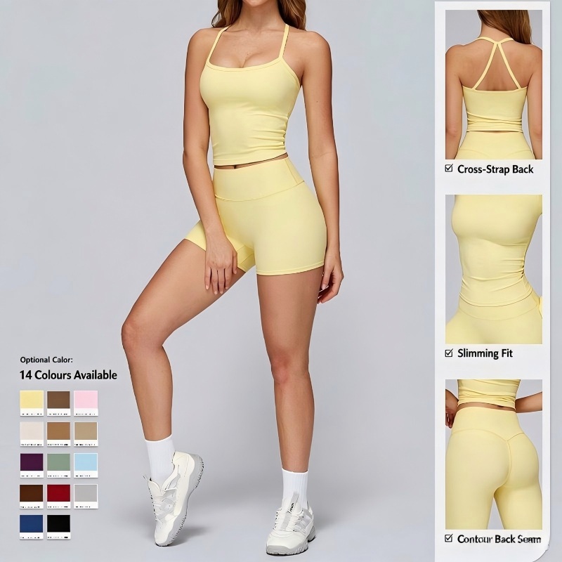 Yoga Set for Women – Two-Piece Ribbed-Look Tank & High-Waist Shorts, Cross-Strap Back, Brushed Nylon-Spandex Fabric, Contour Seam Sculpting Fit, 14 Colours, Yoga & Gym Wear