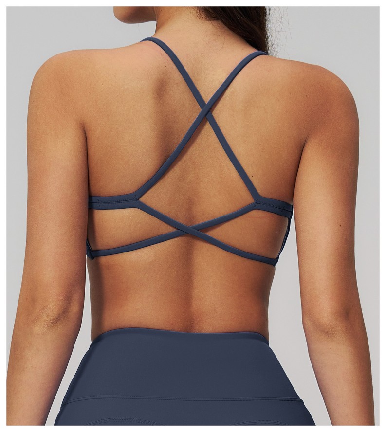 Cross-Strap Sports Bra for Women – Removable Pads, Hidden Elastic Hem for Bounce Control, Brushed Nylon-Spandex Fabric, Slimming Back Design, 8 Colours, Yoga & Gym Wear