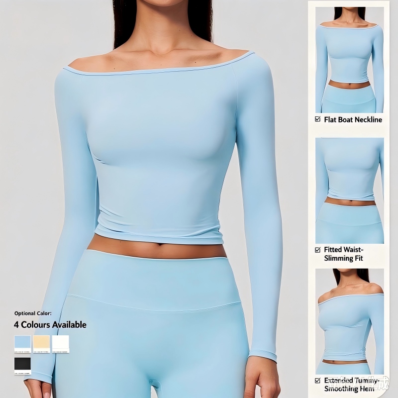 Off-Shoulder Long-Sleeve Crop Top – Flat one-shoulder Neckline, Fitted Waist-Slimming Silhouette, Extended Tummy-Smoothing Hem, Cloud-Soft Brushed 78% Nylon 22% Spandex, 4 Colours, Yoga & Gym Top