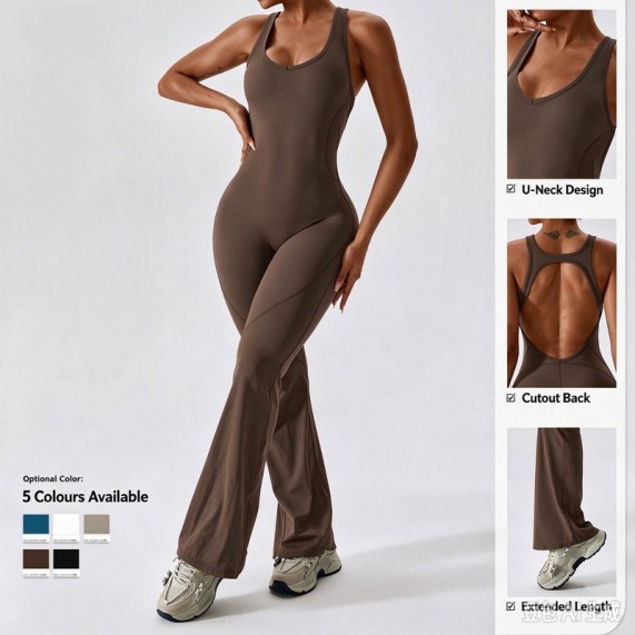 Sculpting One-Piece Yoga Jumpsuit – U-Neck Cutout Back, Extended Length, Removable Pads, Cloud-Soft Brushed 78% Nylon 22% Spandex, 4-Way Stretch, 5 Colours