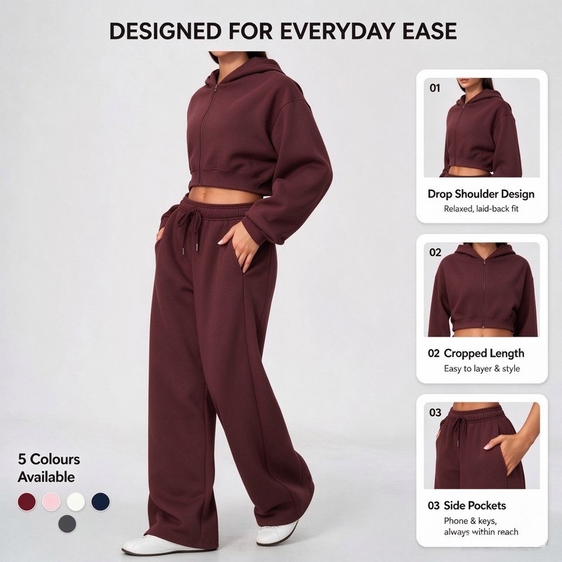 Fleece-Lined Cropped Hoodie & Wide-Leg Pants Set – Eco-Friendly 2-in-1 Fabric, Warm & Cozy Lounge Set for Women
