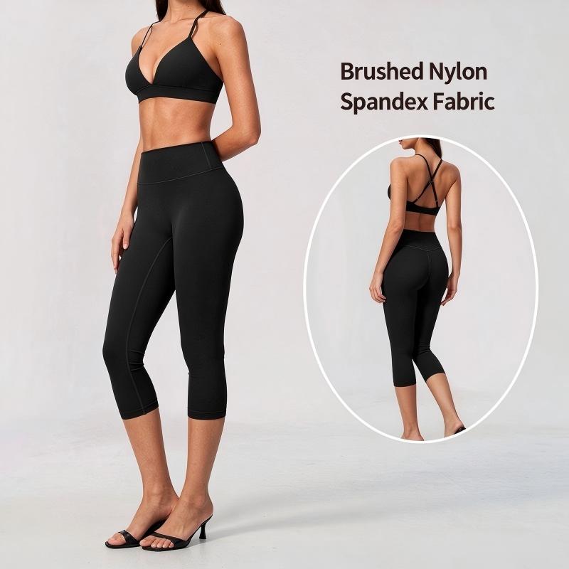 2-Piece Black Capri Yoga Set – Halter V-Neck Sports Bra + High-Waist Squat-Proof Capri Leggings, Brushed Nylon Spandex, 4-Way Stretch