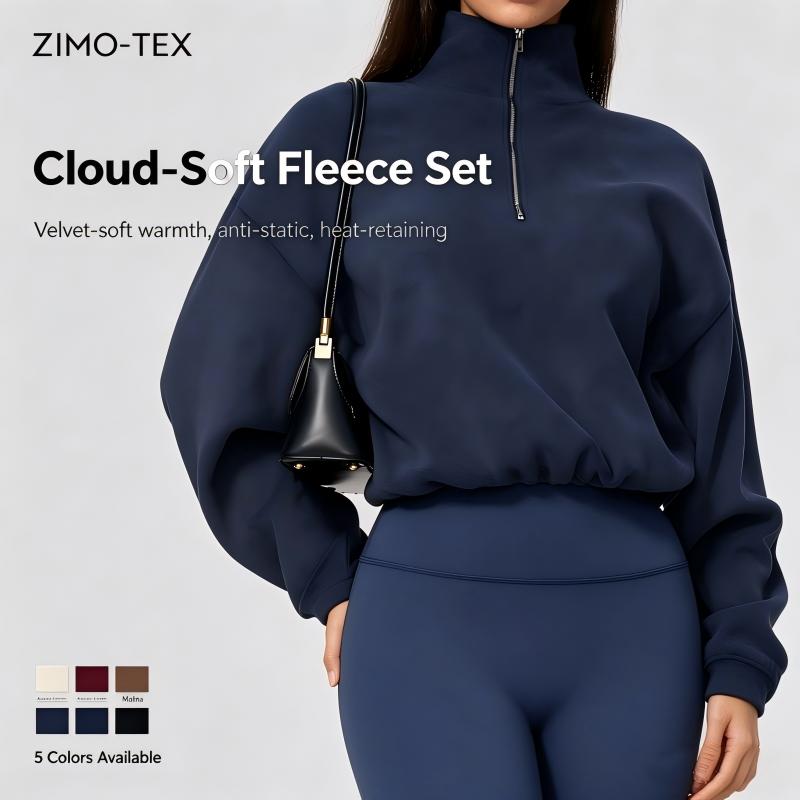 Women's Fleece Half-Zip Pullover Set – Heat-Retaining, Anti-Static, Dropped-Shoulder, Adjustable Drawcord Hem